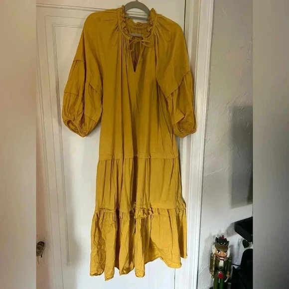 Elie Tahari Anthropologie Mustard Yellow Tiered Dress - Size XL cotton boho - Picture 3 of 11